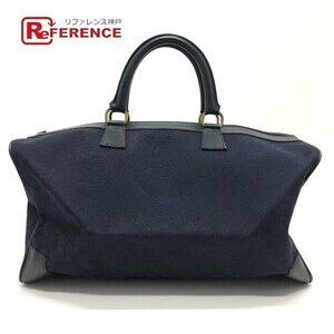 Celine Macadam Horse Drawn Carriage Handbag Boston Bag Canvas Leather Navy Blue
